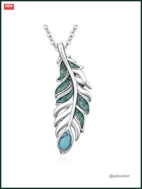 Turquoise Feather Pendant Necklace White Gold Plated Boho Western Charm